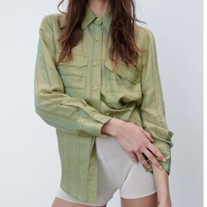 Zara Shirt Womens Size Small Green Striped Long Sleeve Button Up Sheer Pockets